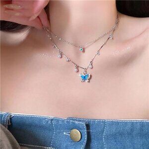 Crystal Butterfly Choker Necklace Sapphire Rhinestone, Dainty Layers & Pearl Dan